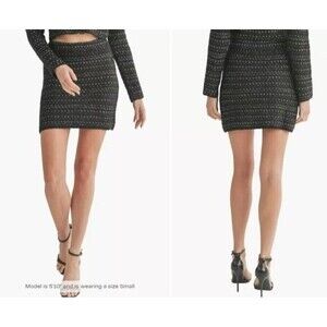 LUSH Sweater Knit Mini Skirt Black Silver Tread Stretch Elastic Waist Women
